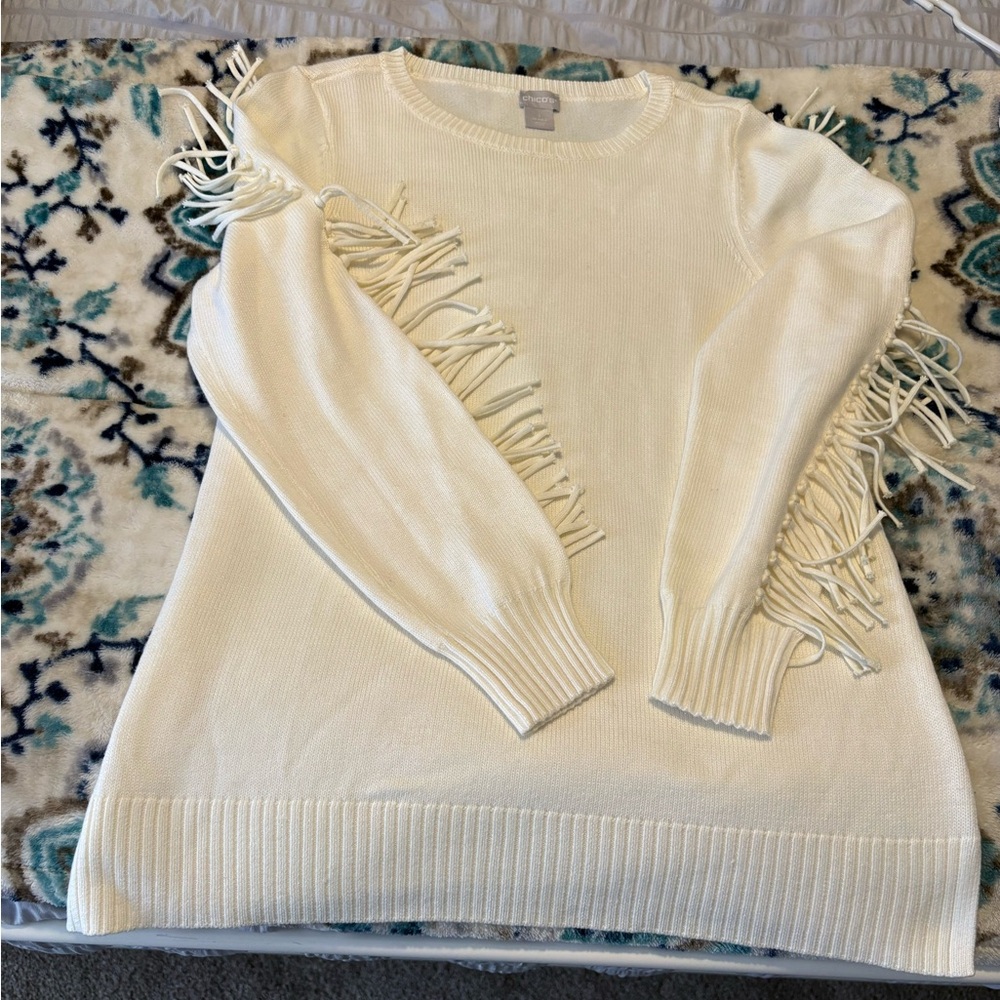 Chico's Cream Fringe Crewneck Sweater